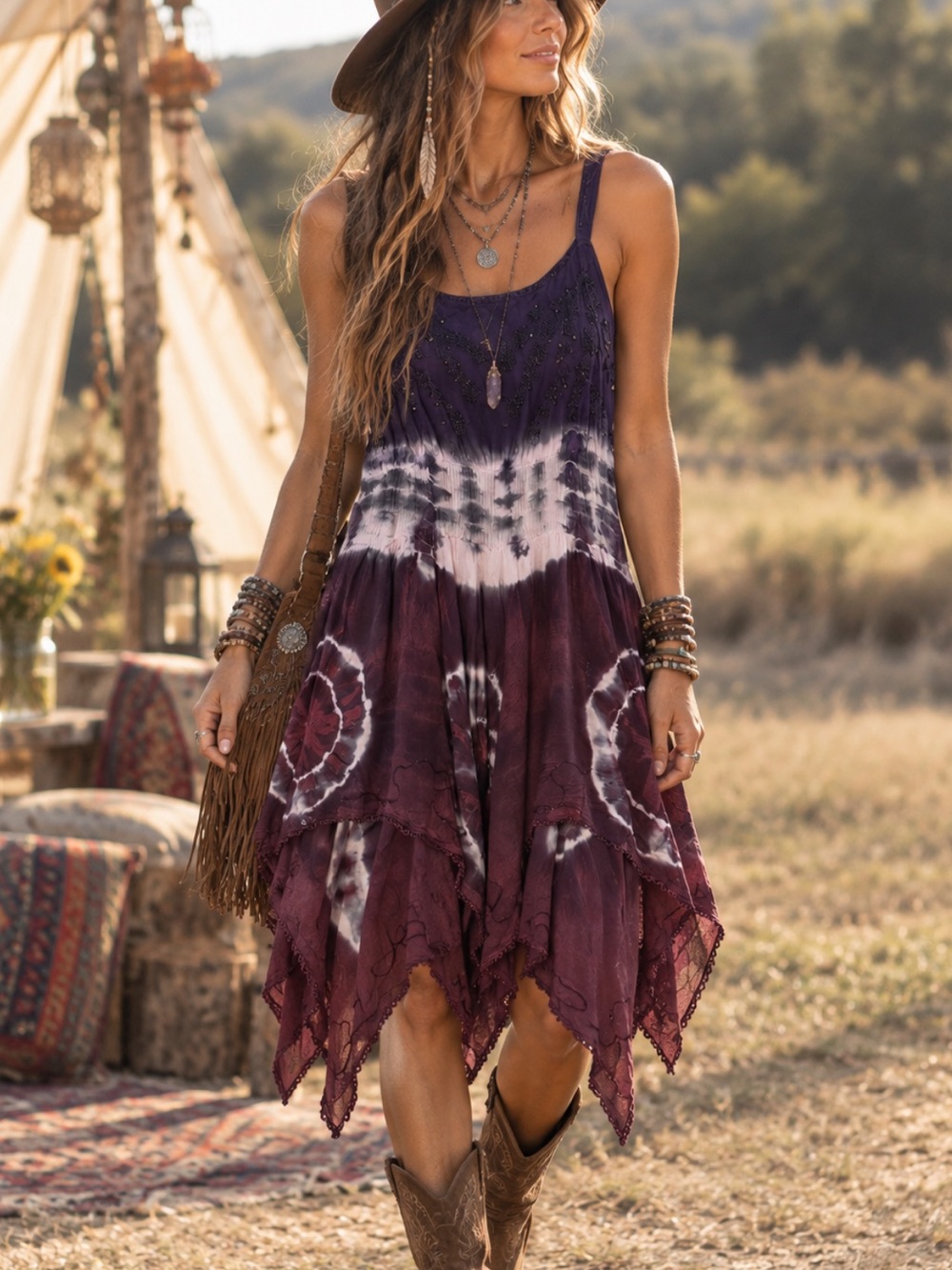 L.S.I. Bohemian Tie-Dye Handkerchief Hem Dress